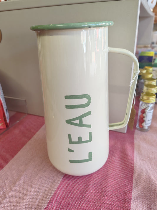 Cream and Green Enamel Jug "L'eau"