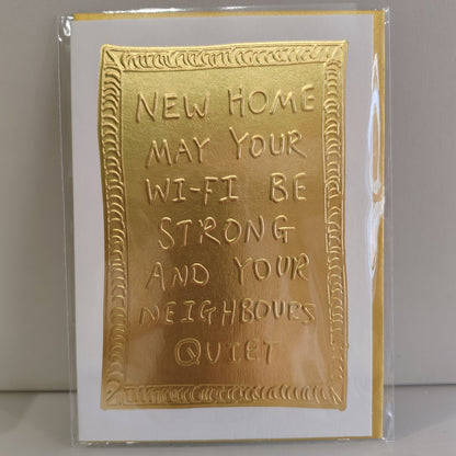 Gold embossed New Home greeting card.