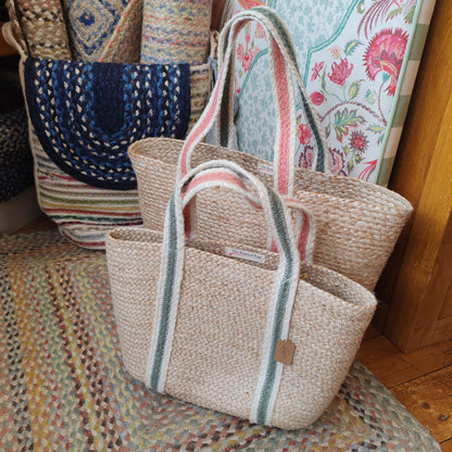 Summer rose/thistle small jute short handle tote