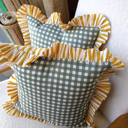 Large Green / white gingham cushion with mustard / white striped frill