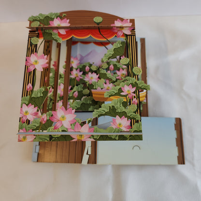 Paper theatre pop up greeting card. Romantic rowing theme