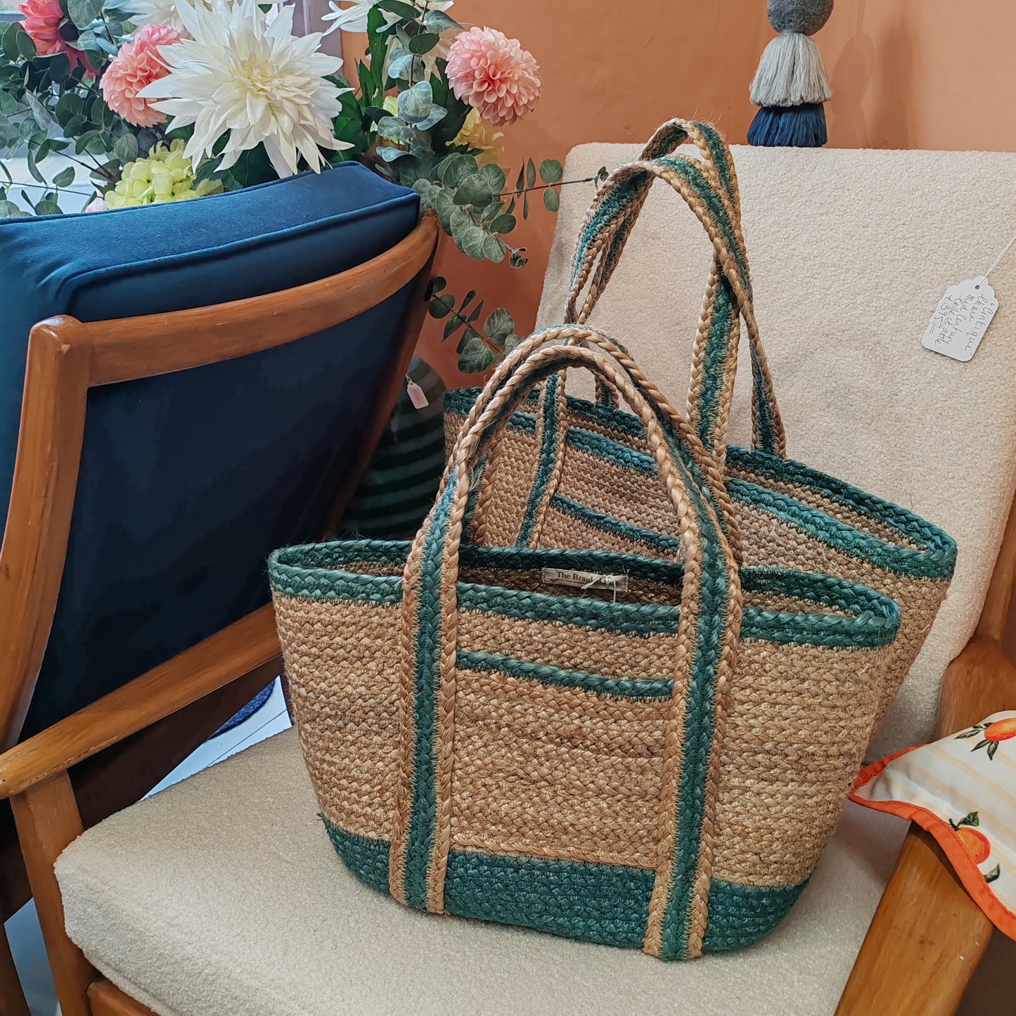 Aqua Jute pocket tote bag large