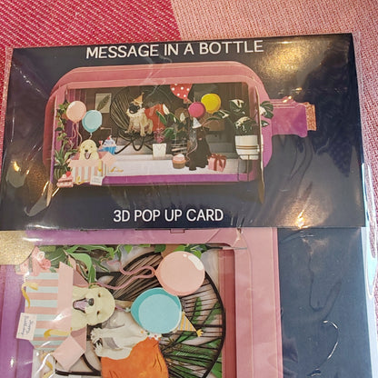 Message in a Bottle 3d Pop up greeting card. Dogs and balloons!