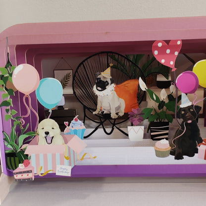 Message in a Bottle 3d Pop up greeting card. Dogs and balloons!