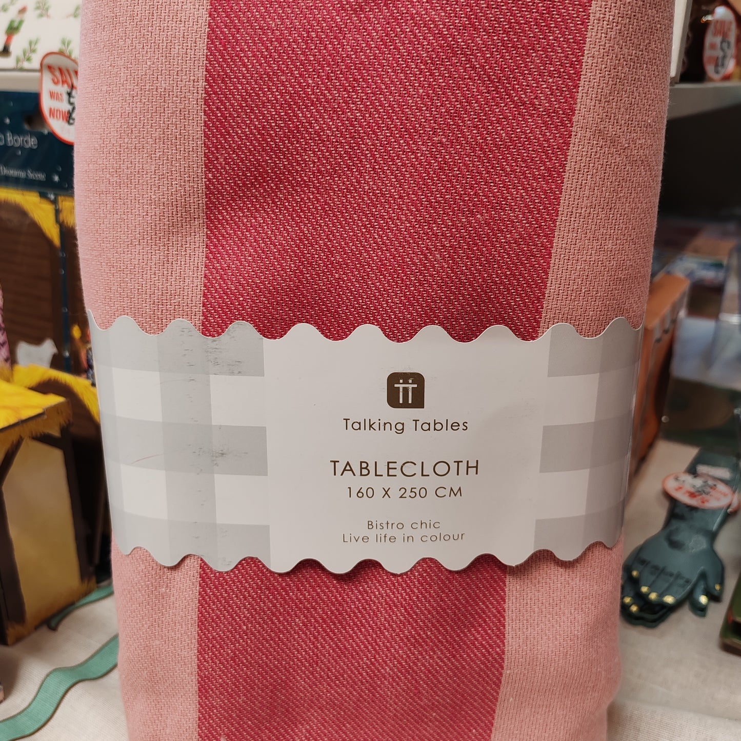 Pink and red stripe tablecloth 80% cotton 160cm x 250cm